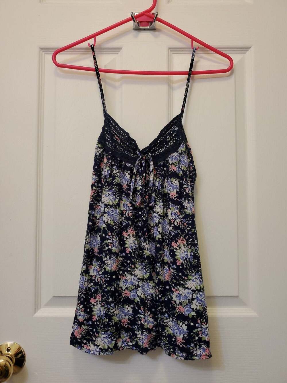 Japna Lounge Navy Blue Floral Print Lace Trim Camisole Tank Top M